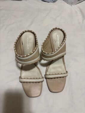 ANTONIO MELANI Nude Beige Two-Strap Slide Mules